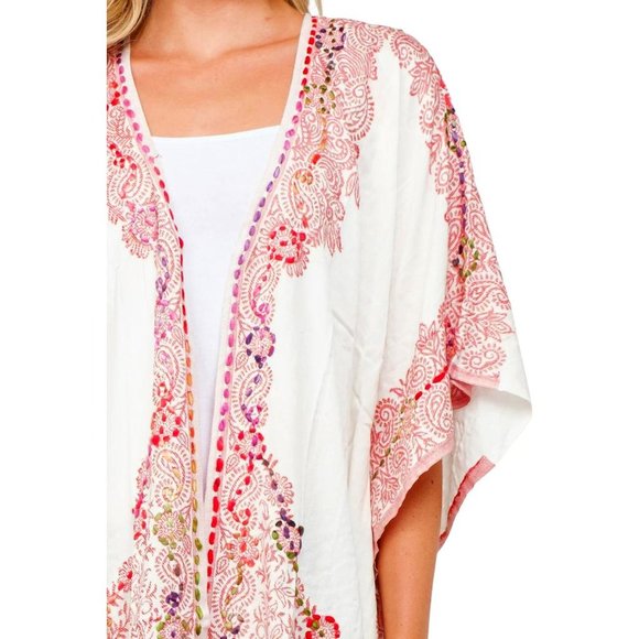Raj Embroidered Kimono White Pink OSFM Elegant Rayon Indian Duster Wrap Boho - Picture 2 of 5